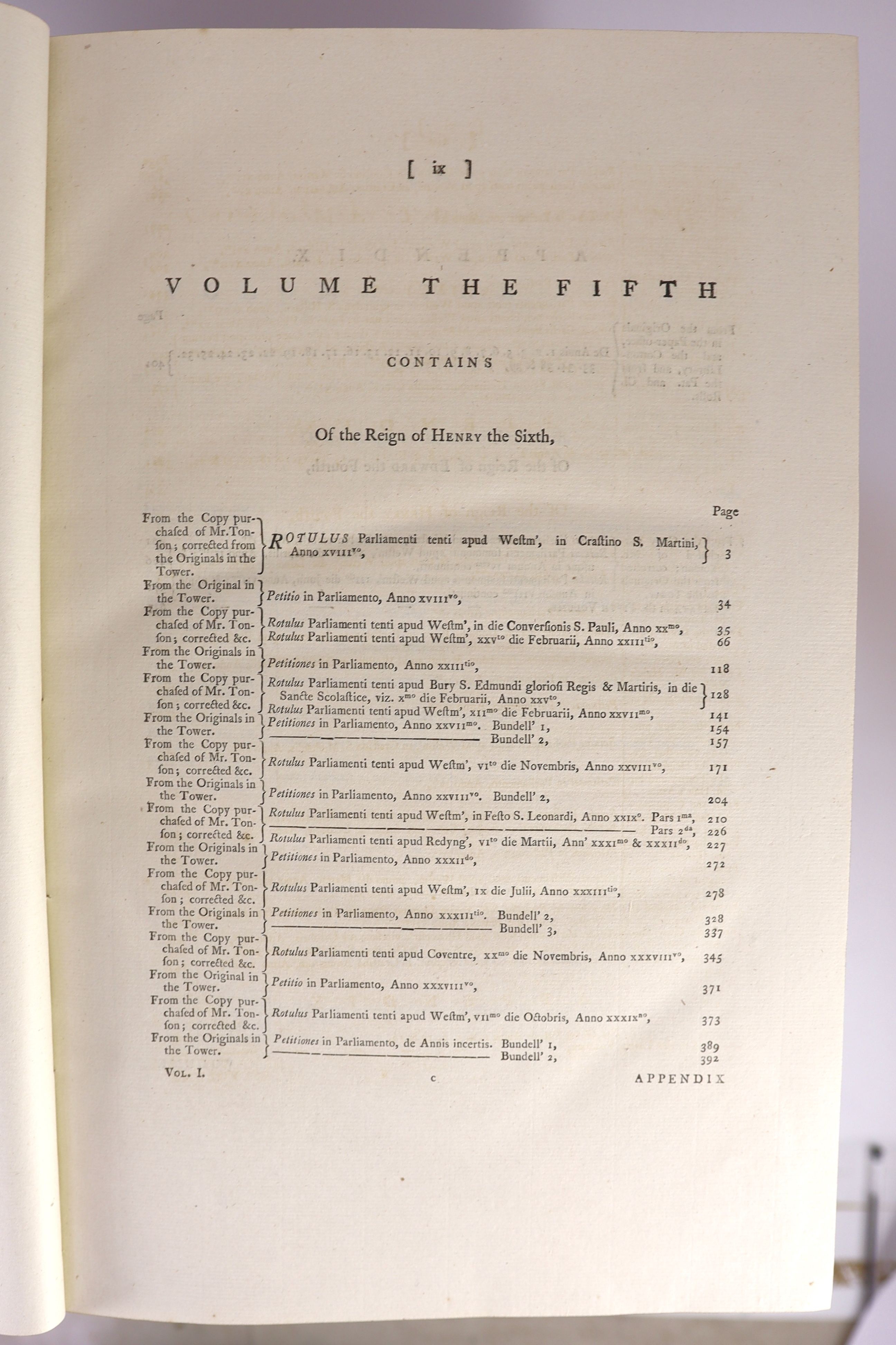 (Rolls Series) Rotuli Parliamentorum; ut et Petitiones et Placita Parliamentorum....7 vols. (incl. Index). vol 4 with 4 engraved plates of seals; old half calf and marbled boards, gilt ruled panelled spines with maroon l